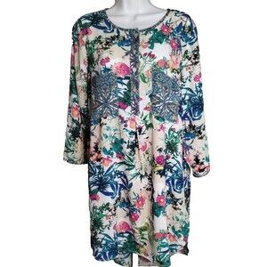 Fig & Flower Tunic Top Womens Size XL White Blue Floral 3/4 Sleeve Pleated BOHO